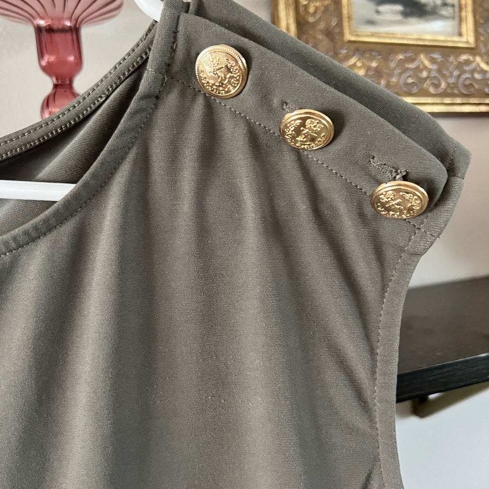 Sz L Calvin Klein Olive Green Blouse with Gold Buttons